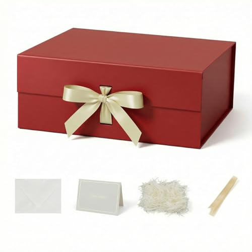 Rot Magnetische Geschenkbox mit Deckel groß 32x28x13.5cm mit Geschenkbeutel, Schleife, Raffia & Grußkarte