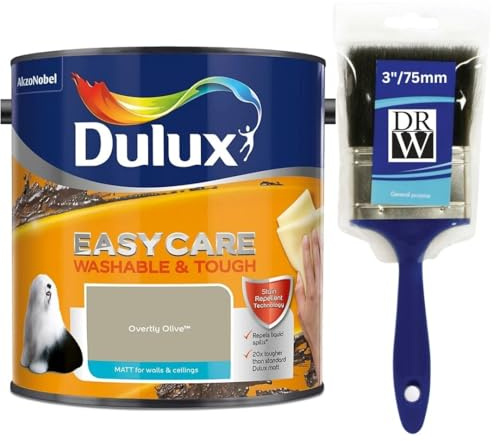 Overtly Olive Dulux Easycare Matt Emulsion Paint 2.5L + 3 Emulsion Paint Brush – Washable & Stain Resistant, Durable Matt Finish, Quick Dry, Low Odour Interior Wall & Ceiling Paint