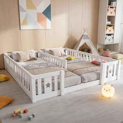 SAOOZBE Lettino da pavimento letto matrimoniale 90 x 200 cm, letto Montessori con protezione anti-caduta e rete a doghe massiccia, letto per bambini per ragazzi e ragazze, in legno di pino (bianco D