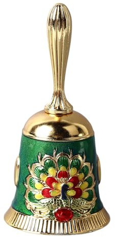 Handklocka Vintage Mässing Antik Utsökt snidat mönster Hand Ring Bell HandKlocka till middag Bröllopsfest Familjeskola (Gold with Colorful Green)