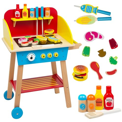 Cook 'N Grill Wooden BBQ Playset- Kids Pretend Play Stand- Summer Fun Wood Toy Barbeque w Food, Condiments, Grilling Tools- 30+ Pieces In All- Indoor Outdoor Activity Set for Playroom, Daycare Centers