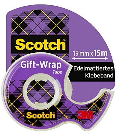 Scotch Nastro adesivo GiftWrap - 1 Rotolo da 19 mm x 15 m, Dispenser Portatile - Nastro Adesivo Trasparente Satinato da Utilizzare sulla Carta da Regalo