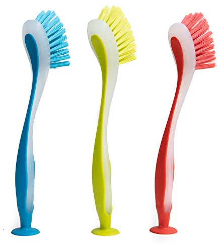 Klickpick Home Dish Scrubber Brushes Assorted Colors - Dishwashing Brush with Soft Long Handle - Suction Cup - Multiple Use - Set of 3 - Pink, Green, Blue
