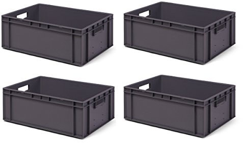 4 stycken – Stapelbar brevlåda tk621-0, grå, 600 x 400 x 210 mm (L x B x H), PP-volym: 40 liter, maximal belastning: 50 kg, livsmedelssäker, tillverkad i Tyskland, industriell kvalitet