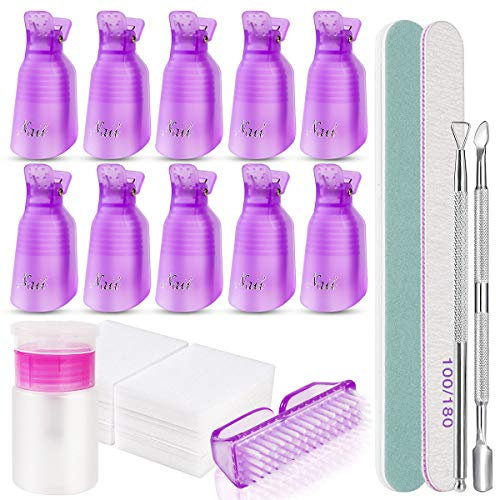 Nagellackentferner, Ywinler Nagellack Gel Entferner Tools Kit mit Nagelclips Nagelfeile und Nagelentferner Wattepads,Pinsel,Nagelhautschaber und Pusher, 100ml Spenderflasche Violett