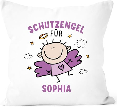 SpecialMe® Kissen-Bezug Schutzengel mit Namen Engel Glücksbringer Glückskissen personalisierte Geschenke Dekokissen Weiss-lila Unisize