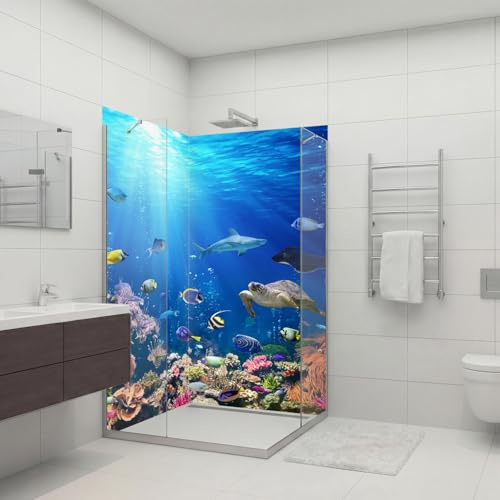 dedeco Eck-Duschrückwand wasserfest mit Ozean V2 Motiv UV-Lack glänzend - 2 x 90x200 cm, als Badrückwand zum Fliesenersatz, Dekorwand, Wandverkleidung und Duschplatte aus Aluminium - Made in Germany