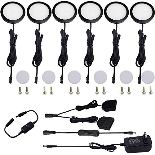 AIBOO Under Cabinet LED Black Cover Puck Lighting Kit with Touch Dimmer Switch for Kitchen Cupboard Closet Lighting (6 Lights,Warm White)