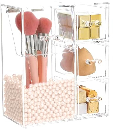 ShellKingdom Makeup Brush Holder,Clear Cosmetic Brushes Organizer With Drawer for Storage Brushes with Lid and Pearl for Dressing Tables and Vanity