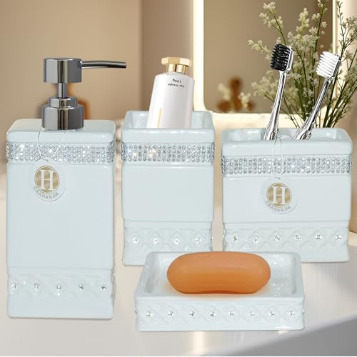 CAAHANJIA Ensemble d'accessoires de salle de bain 4 pièces - Distributeur de savon en céramique - Pompe et porte-brosse à dents - Gobelet - Décoration d'intérieur, comptoir - Organisateur de coiffeuse