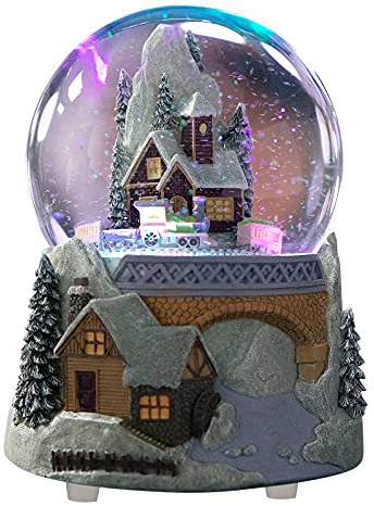 Juniland Castle Snowy House and Revolving Train Snow Globe Color Changing Lighting Snowglobe Plays Winter Wonderland (Castle and Train)