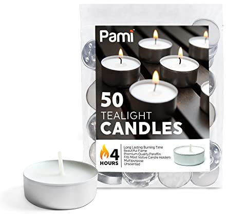 PAMI Premium Teelichte, langlebig, 50 Stück, geruchlose Teelichter mit 4 Stunden Brenndauer, Paraffin-Teelichter mit schöner Flamme, runde Kerzen, perfekt für Votivkerzenhalter