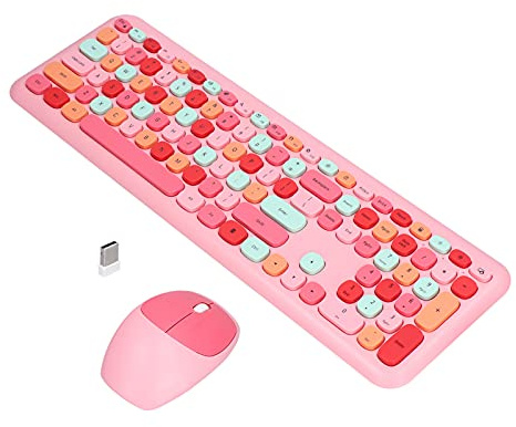 Keyboard and Mouse Set, Wireless Keyboard Mouse Combo 2.4G Retro Multi Color Mute Cover for Win XP/for Win 7 / for Win 8 / for Win 10 (Pink mixed color keyboard and mouse set)