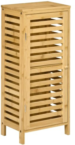 kleankin Armadietto Bagno in Bambù 30x19.9x70 cm Color Legno | Armadietto da Bagno, Ripiano Interno Regolabile, Porta a Feritoia