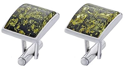 AMBEDORA, Herren Manschettenknöpfe aus Silber mit Bernstein, moderne rechteckige Form, poliertes Sterling Silber, Natur Bernstein in Grün Farbe, Geschenkidee