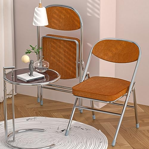 PIPIPOXER Esszimmerstühle, Klappstuhl mit Rückenlehne, Sitzfläche aus Kord, Sitzbreite 40cm, 5cm Dicke Polsterung, Klappstühle Wohnzimmerstuhl Küchenstuhl, bis 175 kg belastbar, Metallbeine, Orange