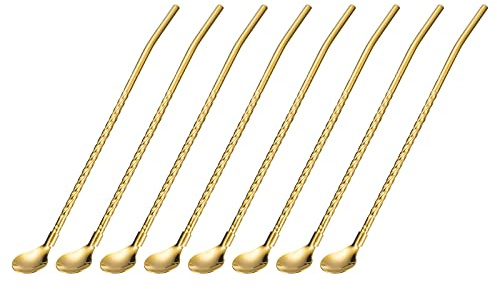 sourcing map Inox Acier Cuillère Pailles, 16pcs 8.6 Réutilisable Métal Long Manche Boire Pailles Cuillère pour Lait Frappé Boissons Cocktail, Or