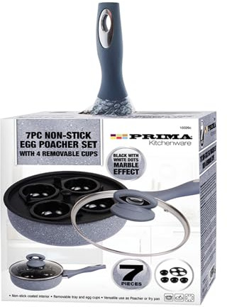 7 Pcs PRIMA Marble Effect EGG POACHER | BOILER | Saucepan | Cups | Boiled | Poach | GLASS LID | NON-STICK Inserts | Home | Kitchen | Cooker | Cooking Pot | Black Or Grey | UK FREE P&P (Grey Round)