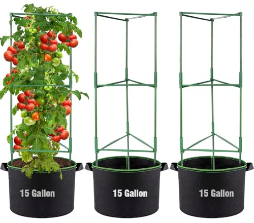 ANPHSIN Sturdy Triangle Tomato Cage with Movable 15 Gal Grow Bags - 3 Sets 47'' Plants Garden Trellis Planters, Support for Indoor Outdoor Beans, Peppers, Eggplants, Climbing Vegetables