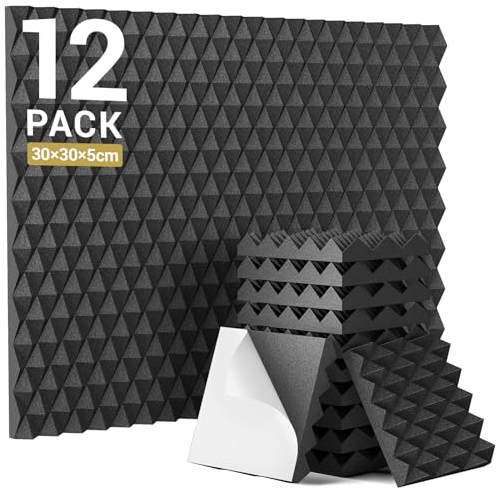 12 Pack-30×30×5 cm Selbstklebende Akustikschaumplatten, TONOR Pyramide Entworfene Schallkanäles für die Absorption von Echos, Schallabsorbierende Schaumstoffe Geeignet für Haus und Studio, Schwarz