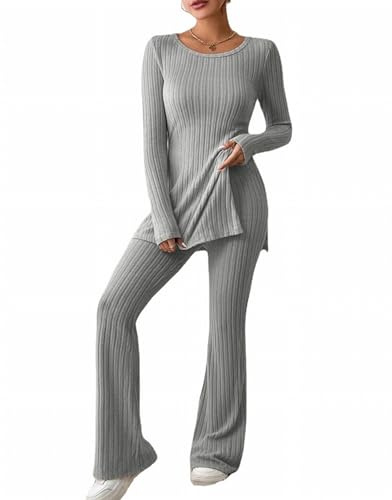 MSIYOW Damen Zweiteiler Strickanzug Top und Hosen Langarm Gerippter Strickpullover Lange Schlaghose Sportanzug Casual Set für Freizeitoutfits