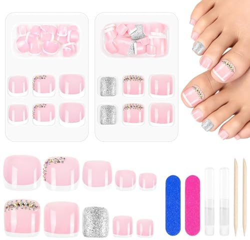 MELLIEX 2 Box Fußnägel zum Aufkleben, Französisch Strasssteine Fußnägel Tips Full Cover Acryl Künstliche Zehennägel Kit für Frauen Nagel Dekoration