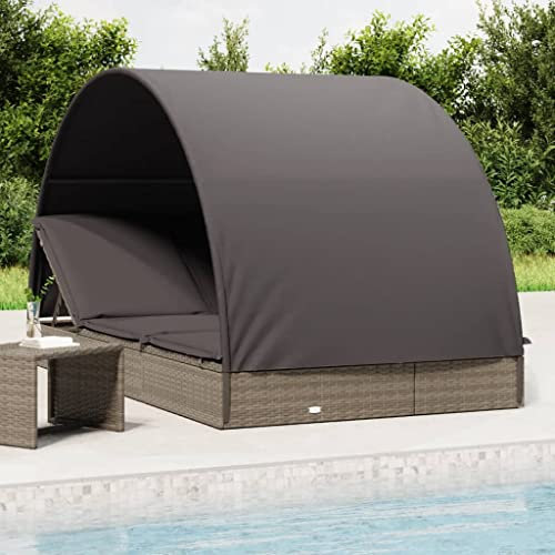 FUDUGEHMIOFWFJJ gartenstühle,relaxsessel,liegestuhl klappbar,2-Personen-Sonnenliege mit Dach Grau 211x112x140 Poly RattanGeeignet für Garten, Pooldeck, Terrasse, Wohnzimmer