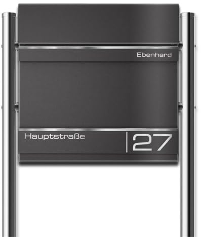 Metzler Standbriefkasten Hermann aus massivem, pulverbeschichtetem Stahl in DB 703 Eisenglimmer, mit Lasergravur, Edelstahl-Leisten, mit beidseitigem Zeitungsfach, Größe: 37x37x10,5 cm, Höhe 120 cm