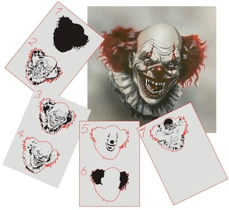 AS-375 Evil Clown Step by Step Schablone für Acryl, Airbrush, Spray, Lacke und Wandfarbe Größe XL