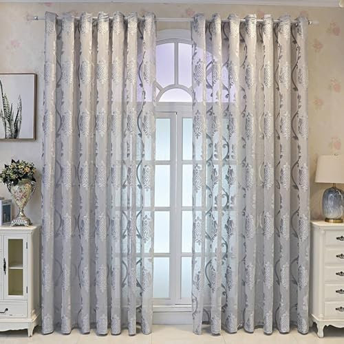 Beydodo Vorhänge mit Ösen 2er Set 102x183CM, Gardinen Polyester Grau Jacquard mit Blumen Motiv Nordisch Gardinenschals Halbtransparent Schiebevorhänge Wohnzimmer Schlafzimmer Kinderzimmer