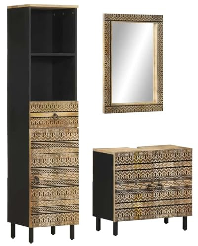 vidaXL 3-TLG. Badmöbel-Set Massivholz Mango, Badmöbelset, Badezimmerschrank, Badezimmerspiegel, Badmöbel, Badezimmer Unterschrank, Badspiegel