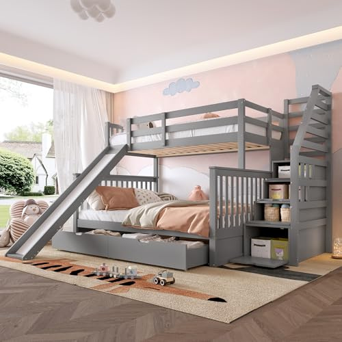 Kebnor Etagenbett mit Schubladen, Stauraum und Rutsche, multifunktional, 90 x 200 über 140 x 200 (Grau)