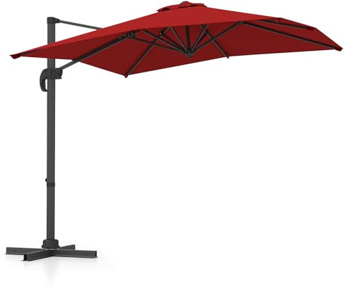 GOPLUS Sonnenschirm rechteckig, 250 x 250 cm, Ampelschirm 360° drehbar & neigbar, Gartenschirm mit Kurbel, Marktschirm Terrassenschirm für Pool, Rasen & Garten (Rot)