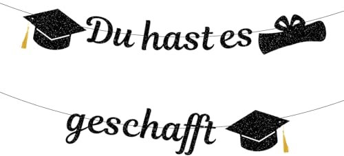 Graduation Deko Girlande, Gratulation Bestandene Prüfung Glitzer Schwarz Banner, Du hast es geschafft Banner, Papier Gratulation Dekorationen Girlande, für Abitur, Bachelor und Master Abschlussfeiern