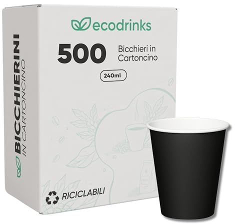 ecodrinks - 500 Bicchieri Carta Nero da 240ml - Per Acqua, Cocktail, Bevande Calde e Fredde - Biodegradabili, Eco-friendly e Made in Italy