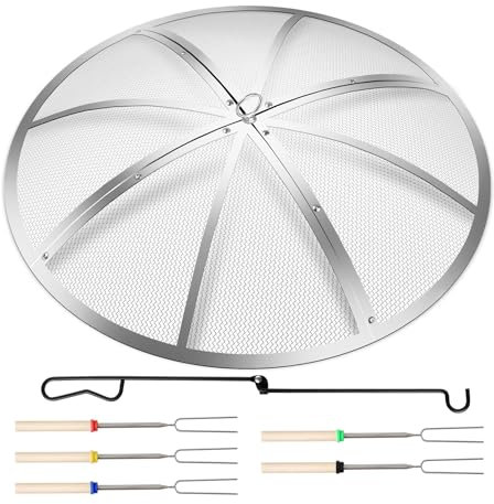 Baitedelai Feuerstelle, Funkenschutz, 101,6 cm, rund, robuste Edelstahl-Feuerstelle, Abdeckung mit faltbarem Haken und Marshmallow-Sticks, Netz-Funkenschutz für Hinterhof, Camping, Strand
