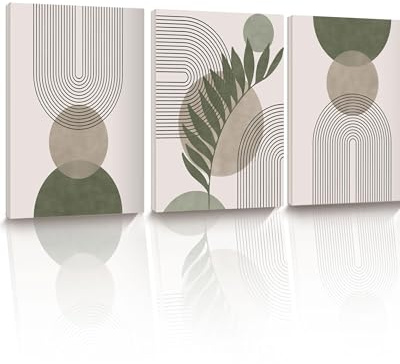 HesenDot 3er Set Boho Wandbilder 30x40cm, Abstrakte Grün Leinwanddrucke