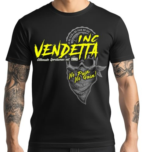 Vendetta Inc. Shirt Bandana Skull VD-1286 – Herren T-Shirt No Pain No Gain Print – Sportstyle Skull Design – S bis 5XL (DE/NL/SE/PL, Alphanumerisch, 5XL, Regular, Regular, Schwarz)