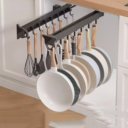 Organizador Extraíble De Ollas Y Sartenes, Soporte Extraíble para Escobas Y Trapeadores, Riel para Colgar Soporte De Armario De Aleación De Aluminio con Ganchos Ajustables(18.11in-16 Hook)