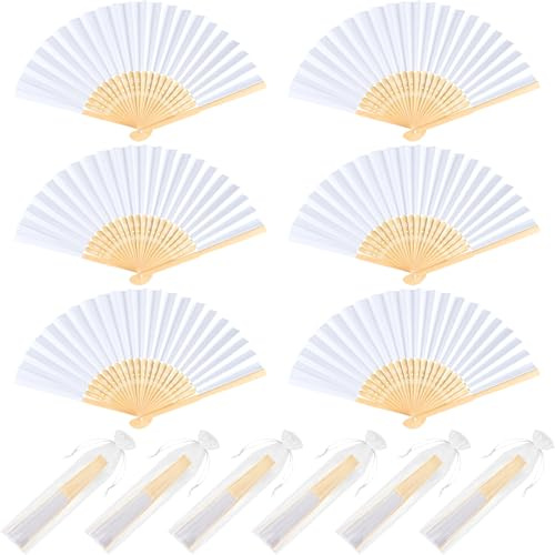 NEBURORA 6Pcs White Handheld Paper Fans 8.3 Inch Hand Held Bamboo Fans Foldable for Wedding Decoration Outdoor Party Favors DIY Decoration Dancing Photography Props
