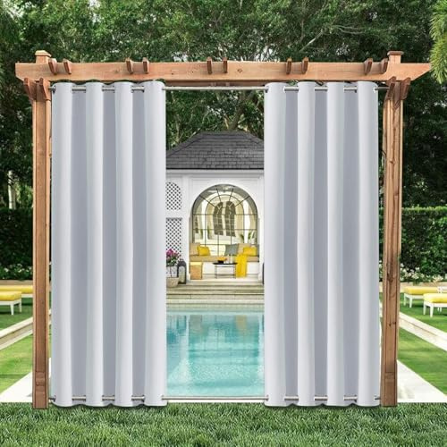 HUAXIQUE Outdoor Vorhang Wetterfest Outdoorvorhange Wasserdicht mit ösen Oben und unten Outdoovorhänge wasserfest Sonnenschutz für Balkon Terrasse Pergola Gardine Weiß B280xH200cm(1er Pack)