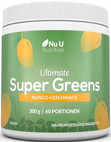 Super Greens | Mangue | Poudre 300 g - 17 Ingrédients Superfood Actifs - 60 Portions - Avec Inuline, Spiruline, Chlorella, Racine de Maca & Plus - 100% Végan - Nu U Nutrition
