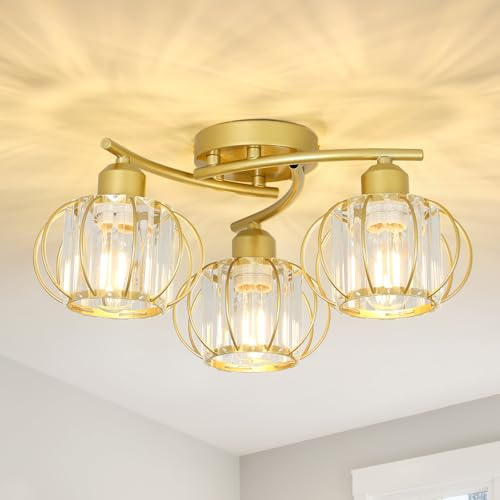 Stepeak Crystal Ceiling Lights Living Room, 3-Lights Crystal Chandeliers Ceiling Light, Gold Ceiling Light with Glass Lampshades, Bathroom Lights Ceiling, Hallway Light Ceilings for Bedroom, Kitchen