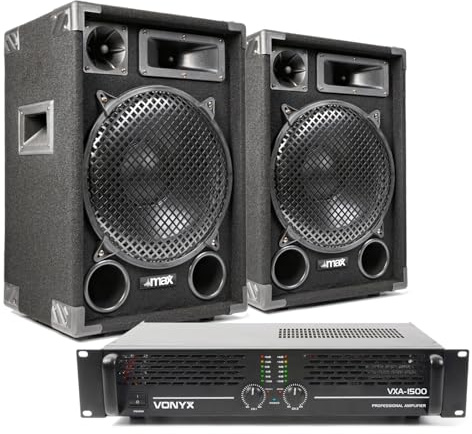 MAX12 12 Passive DJ PA Speaker System with 1400W Amplifier and Cables – Complete 2-Speaker Passive DJ Kit for Events, Parties, Gigs and Home Sound Setups – PA Speakers, Amplifier, 6m Jack Leads