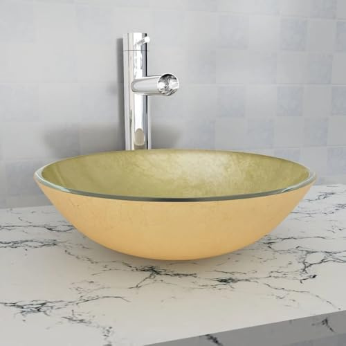 Lavabo en Verre Trempé with Finition Dorée, Design Élégant, Vasque à Poser Salle de Bain, Lavabo Salle de Bain, Lave Main, Pour Salle de Bain, Doré, 42 x 13 cm