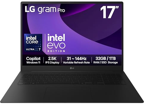 LG gram Pro 17Z90TP - 17 Inch 2.5K IPS 144Hz VRR, Ultra-Lightweight Laptop, Intel Core Ultra 7 255H - EVO Edition, 32GB RAM, 1TB SSD, Windows 11 Home, gram Hybrid AI, Copilot, Black (2025)