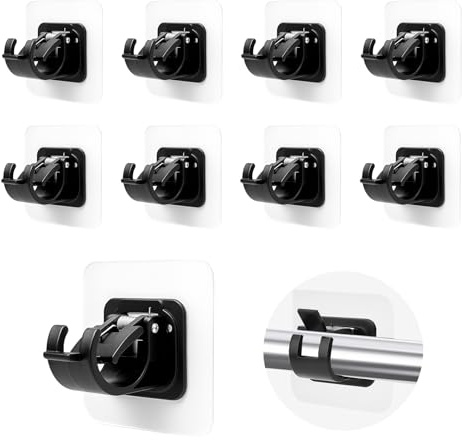Curtain Rod Bracket No Drilling, 8 PCS Self Adhesive Curtain Rod Holders, Non Drill Sticky Nail Free Drillless Rods Hanger Hooks Holder Brackets for Wall Home Kitchen Bedroom Bathroom Hotel (Black)