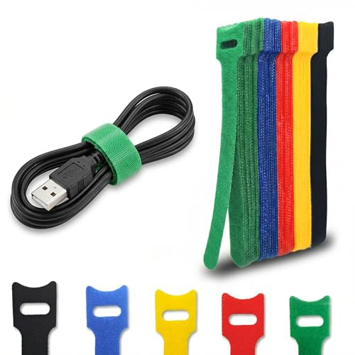 Wiederverwendbare Kabelbinder Klett 50 Stück – Kabelmanagement Klettband Kabel Organizer für Schreibtisch, PC- & Ladekabel – Nylon Kabelbänder in 5 Farben von PACKIVO