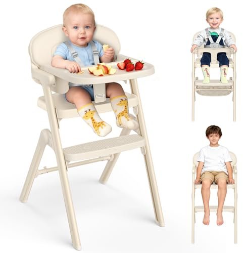 PAMPORPET Chaise Haute Bébé Évolutive - de 6 Mois Jusqu'à 90 kg -Chaises Hautes Pliée avec Assise/Repose Pieds Réglables, Amovible Plateau et Coussin/Harnais 5 Points-Conforme à L'ergonomie (Beige)