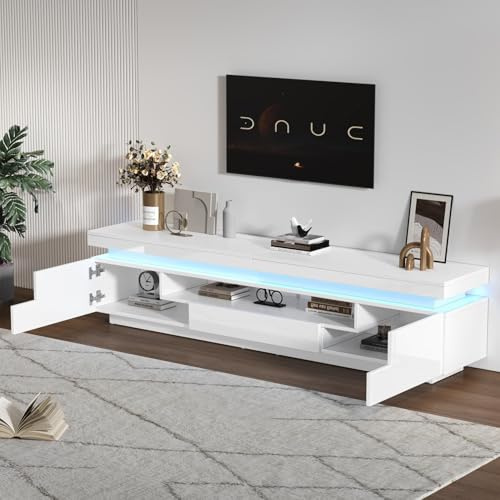 EURHCIO Meuble TV Blanc 175 * 38 * 45 cm,Meuble Tele Brillant avec éclairage LED Réglable,2 Armoires en L et 1 Tiroir,pour Téléviseurs D'environ 75 Pouces